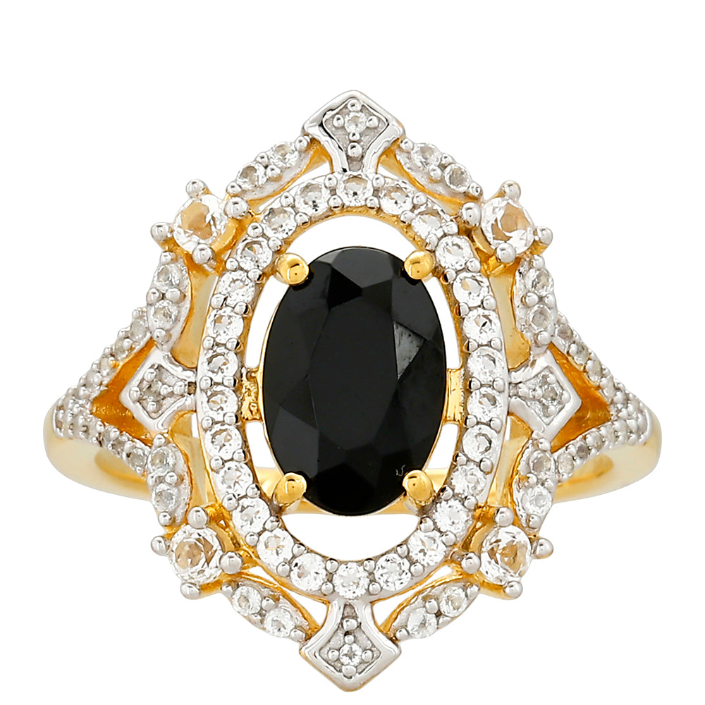 Anel de Prata com Banho de Ouro com Turmalina Preta e Topázio Branco  Contraste: Cabeca de Veado (800)