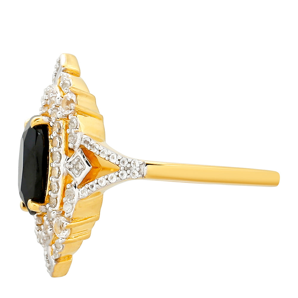 Anel de Prata com Banho de Ouro com Turmalina Preta e Topázio Branco  Contraste: Cabeca de Veado (800) 2 