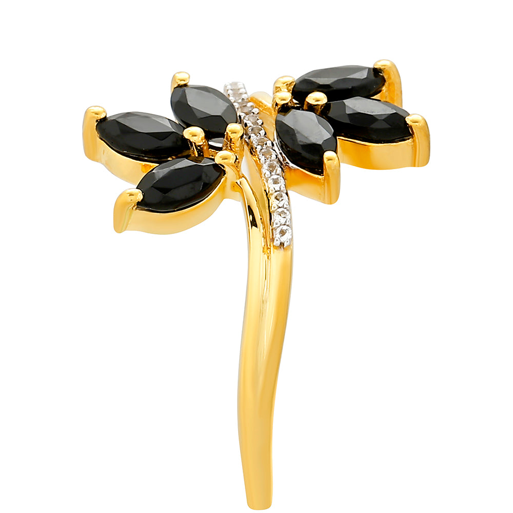 Anel de Prata com Banho de Ouro com Turmalina Preta e Topázio Branco 3 