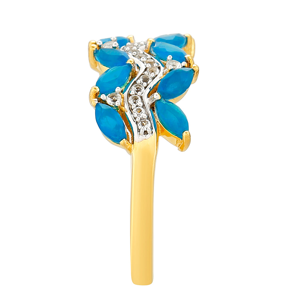 Anel de Prata com Banho de Ouro com Opala Azul Paraib da Etiópia e Topázio Branco