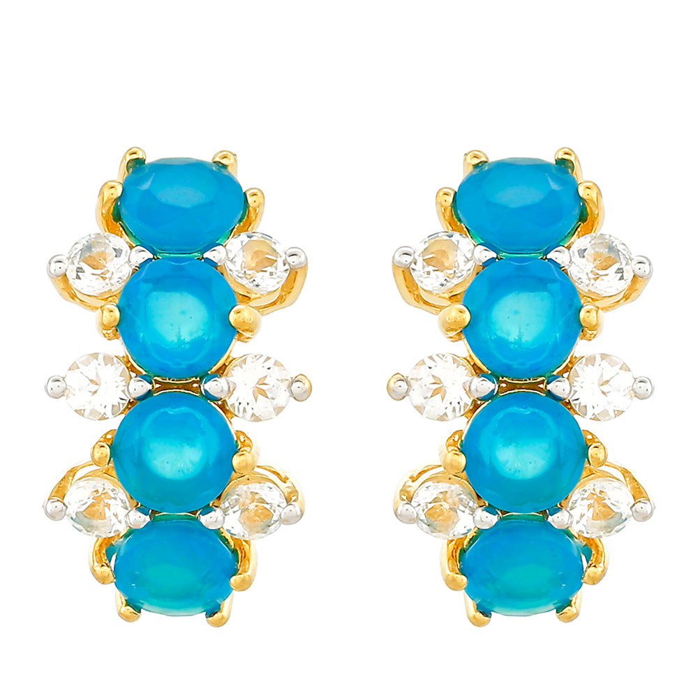 Brincos de Prata com Banho de Ouro com Opala Azul Paraib da Etiópia e Topázio Branco