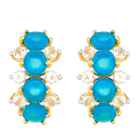 Brincos de Prata com Banho de Ouro com Opala Azul Paraib da Etiópia e Topázio Branco