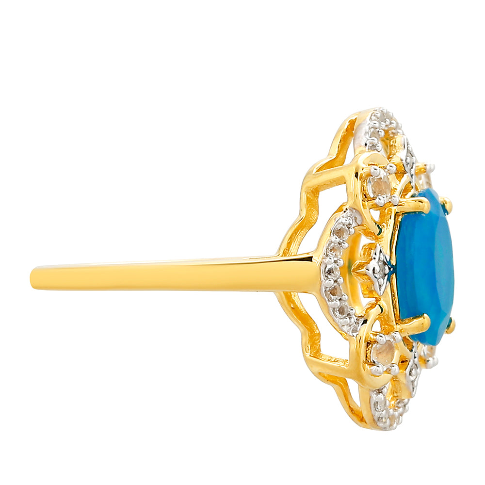 Anel de Prata com Banho de Ouro com Opala Azul Paraib da Etiópia e Topázio Branco 2 