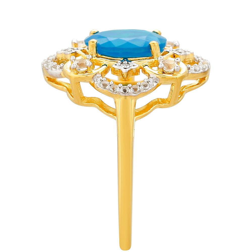 Anel de Prata com Banho de Ouro com Opala Azul Paraib da Etiópia e Topázio Branco