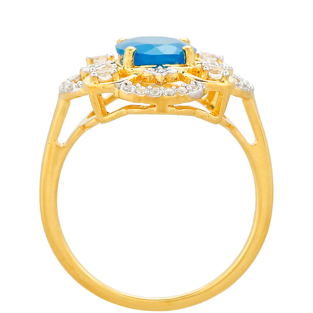 Anel de Prata com Banho de Ouro com Opala Azul Paraib da Etiópia e Topázio Branco