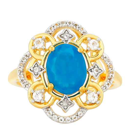 Anel de Prata com Banho de Ouro com Opala Azul Paraib da Etiópia e Topázio Branco