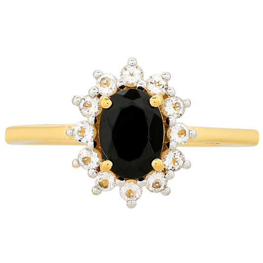 Anel de Prata com Banho de Ouro com Turmalina Preta e Topázio Branco