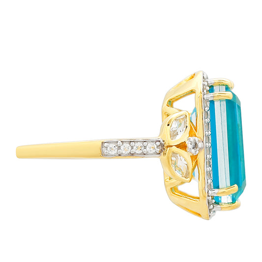 Anel de Prata com Banho de Ouro com Quartzo de Paraíba e Topázio Branco  Contraste: Cabeca de Veado (800)