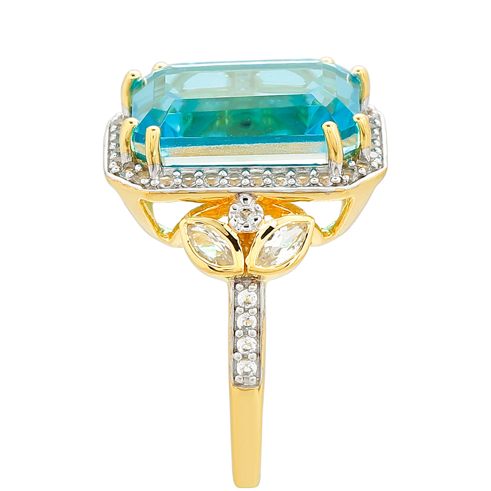 Anel de Prata com Banho de Ouro com Quartzo de Paraíba e Topázio Branco  Contraste: Cabeca de Veado (800)