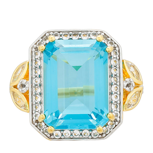 Anel de Prata com Banho de Ouro com Quartzo de Paraíba e Topázio Branco  Contraste: Cabeca de Veado (800)