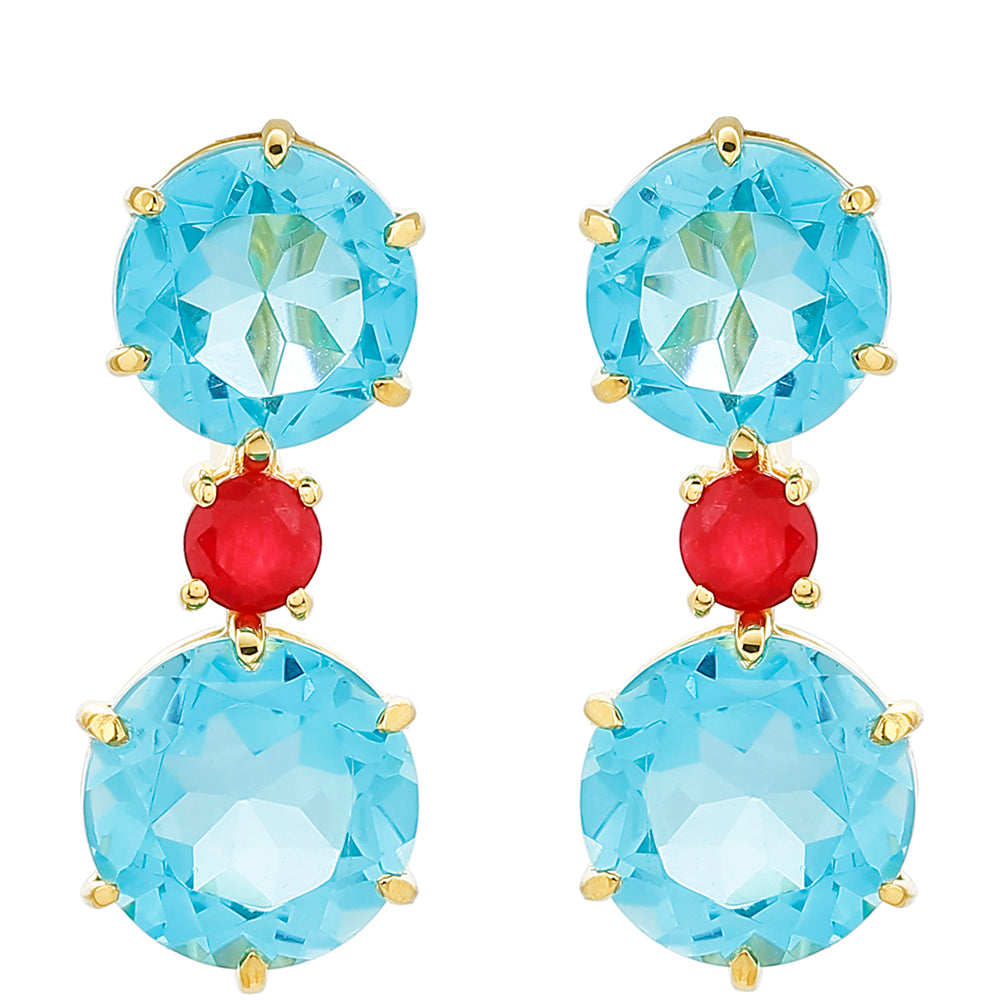 Brincos de Prata com Banho de Ouro com Quartzo de Paraíba e Quartzo Vermelho