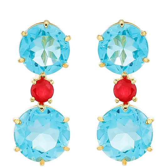 Brincos de Prata com Banho de Ouro com Quartzo de Paraíba e Quartzo Vermelho