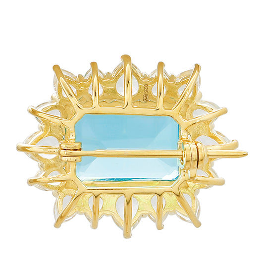 Alfinete de Prata com Banho de Ouro com Quartzo de Paraíba e Topázio Branco