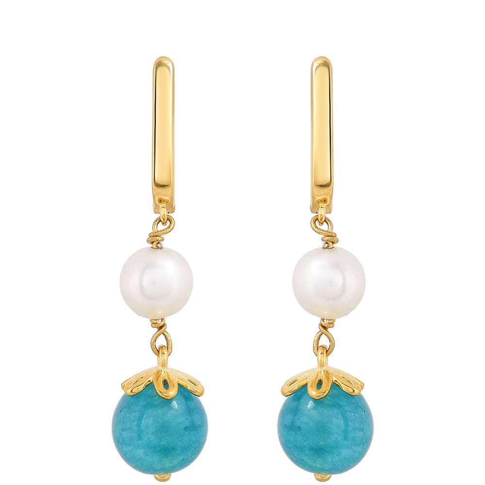 Brincos de Prata com Banho de Ouro com Quartzo de Paraíba e Pérola de Água Doce Branca