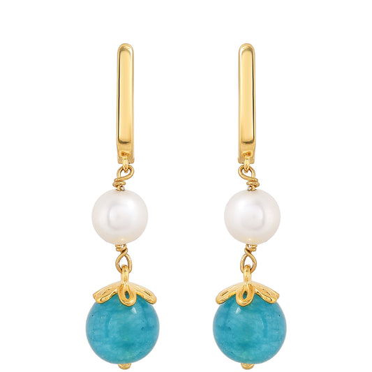 Brincos de Prata com Banho de Ouro com Quartzo de Paraíba e Pérola de Água Doce Branca