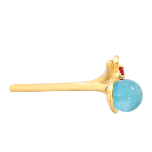 Anel de Prata com Banho de Ouro com Quartzo de Paraíba e Quartzo Vermelho