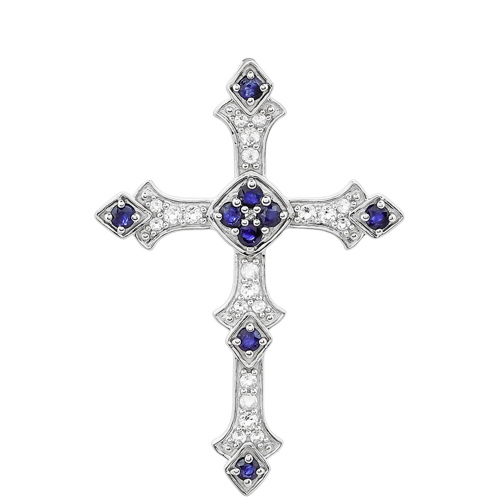 Cruz Pendente de Prata com Safira da Tailândia e Topázio Branco  Contraste: Cabeca de Veado (800)