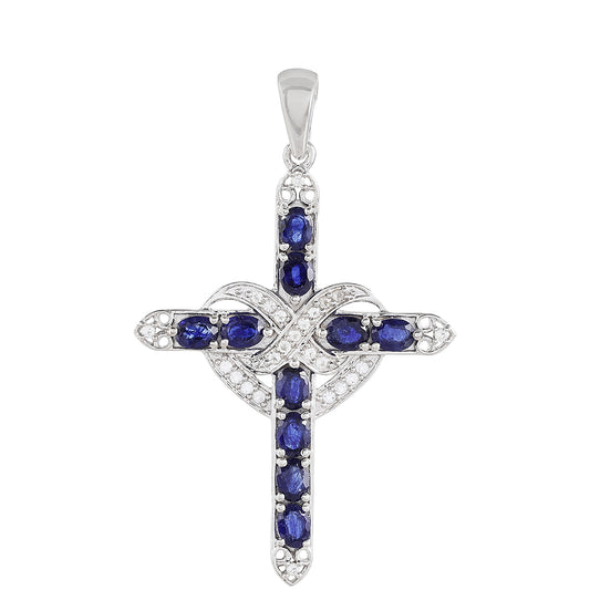Cruz Pendente de Prata com Safira da Tailândia e Topázio Branco  Contraste: Cabeca de Veado (800)