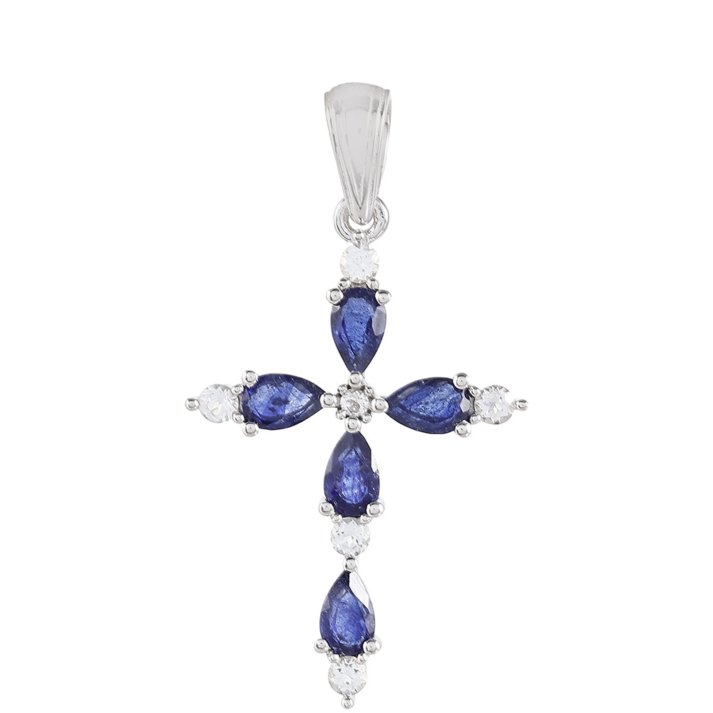 Cruz Pendente de Prata com Safira da Tailândia e Topázio Branco 1 