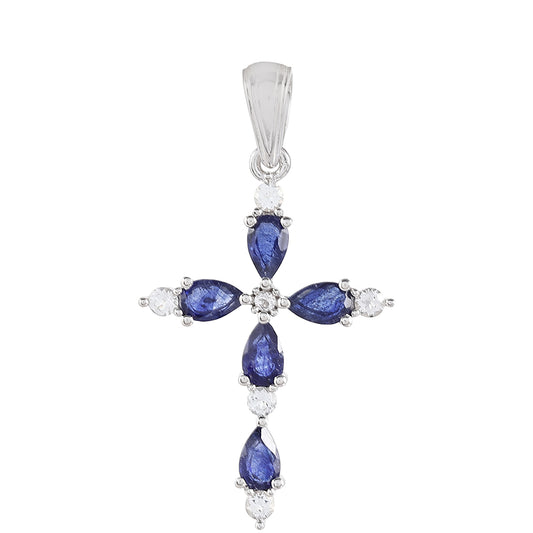 Cruz Pendente de Prata com Safira da Tailândia e Topázio Branco