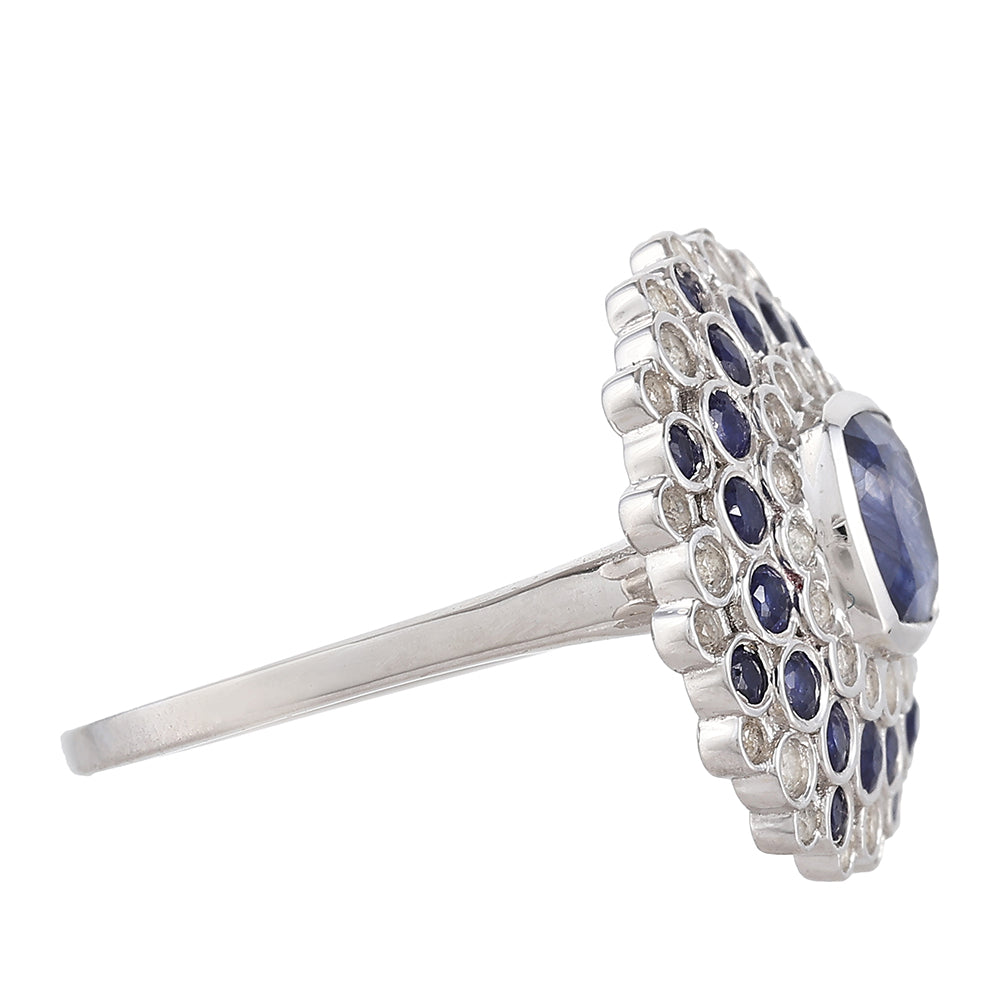 Anel de Prata com Safira da Tailândia e Topázio Branco  Contraste: Cabeca de Veado (800) 2 