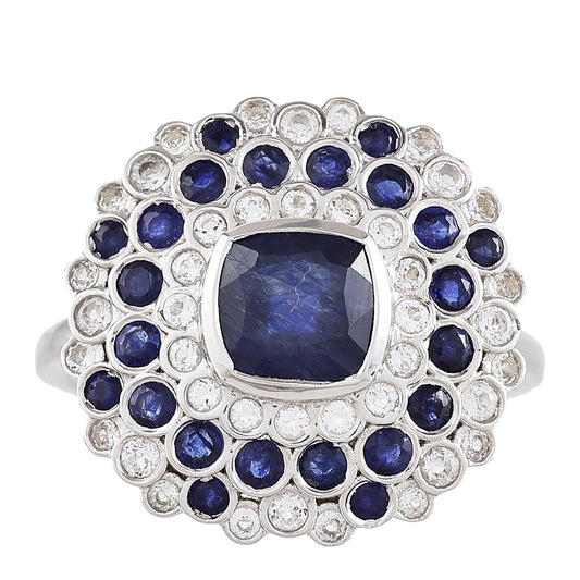 Anel de Prata com Safira da Tailândia e Topázio Branco  Contraste: Cabeca de Veado (800)