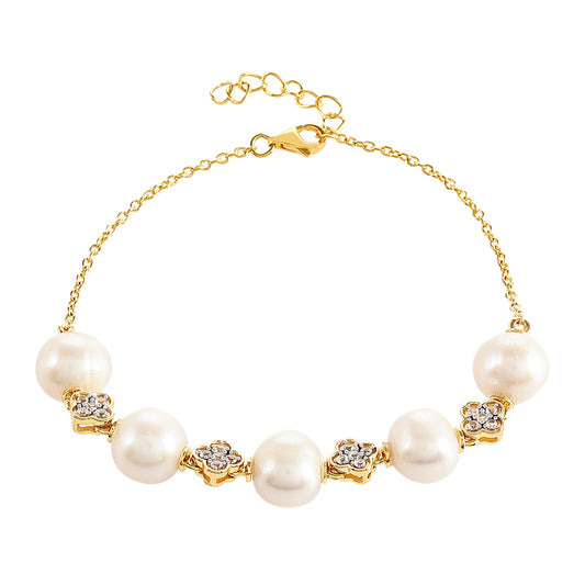 Pulseira de Prata com Banho de Ouro com Pérola Cultivada de Baroque e Topázio Branco  Contraste: Cabeca de Veado (800)