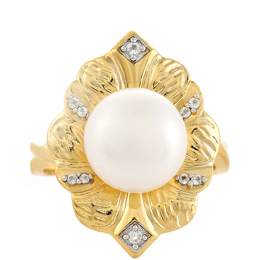 Anel de Prata com Banho de Ouro com Pérola Cultivada de Baroque e Topázio Branco  Contraste: Cabeca de Veado (800)