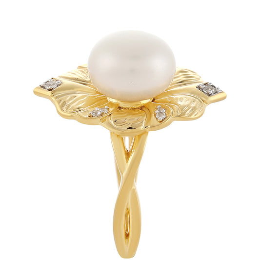 Anel de Prata com Banho de Ouro com Pérola Cultivada de Baroque e Topázio Branco  Contraste: Cabeca de Veado (800)