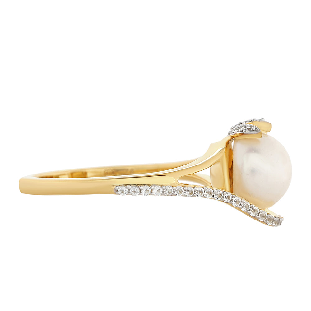 Anel de Prata com Banho de Ouro com Pérola Cultivada de Baroque e Topázio Branco 2 