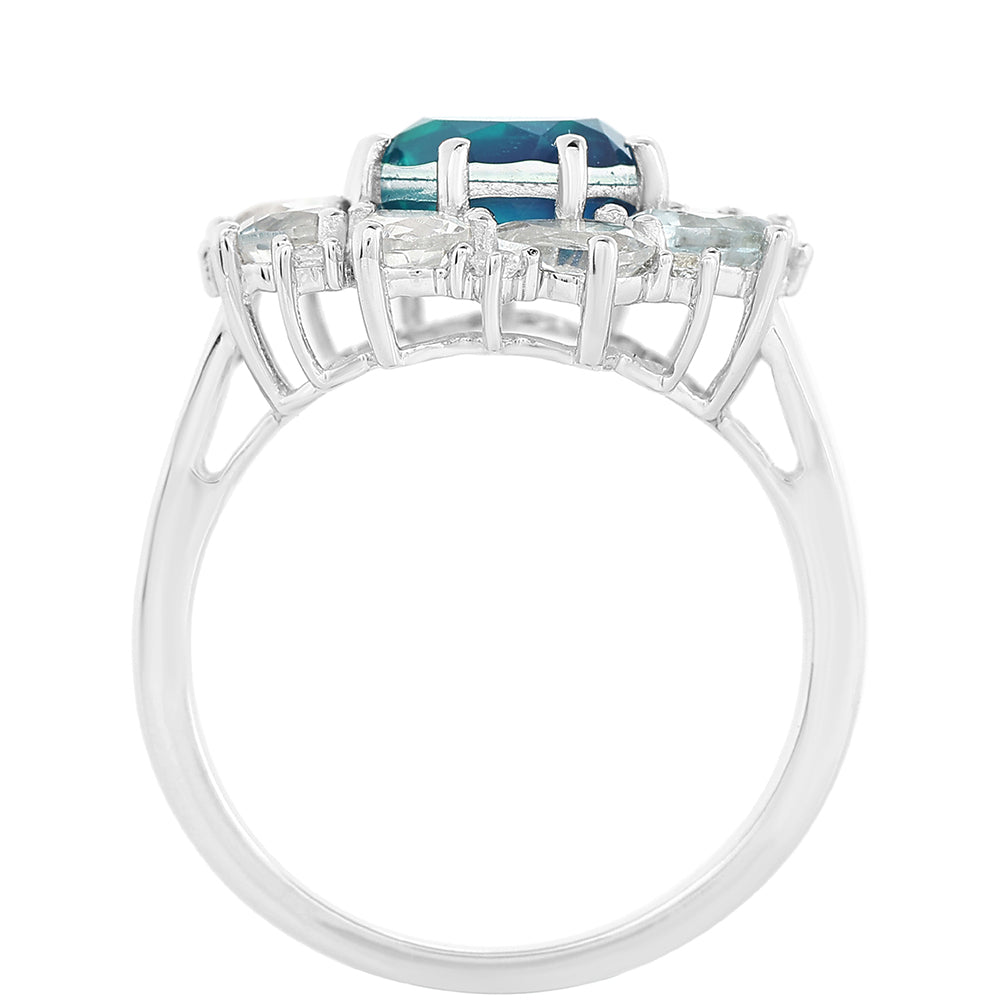 Anel de Prata com Quartzo Pavão e Topázio Branco  Contraste: Cabeca de Veado (800)