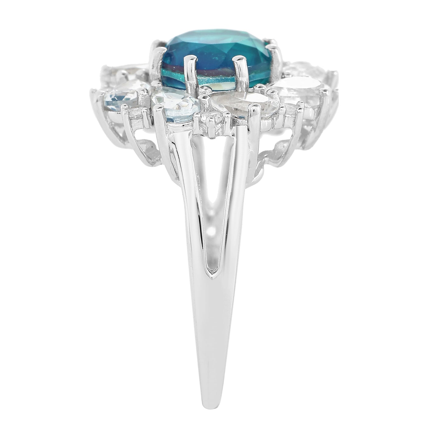 Anel de Prata com Quartzo Pavão e Topázio Branco  Contraste: Cabeca de Veado (800)