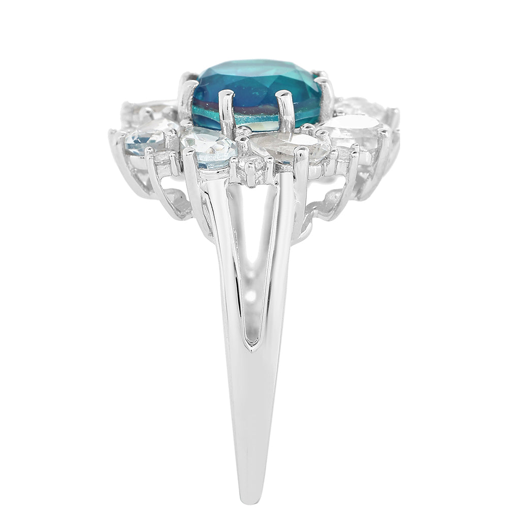 Anel de Prata com Quartzo Pavão e Topázio Branco  Contraste: Cabeca de Veado (800) 4 