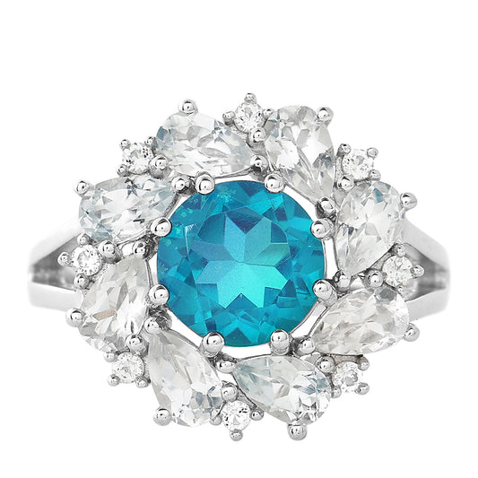 Anel de Prata com Quartzo Pavão e Topázio Branco  Contraste: Cabeca de Veado (800)