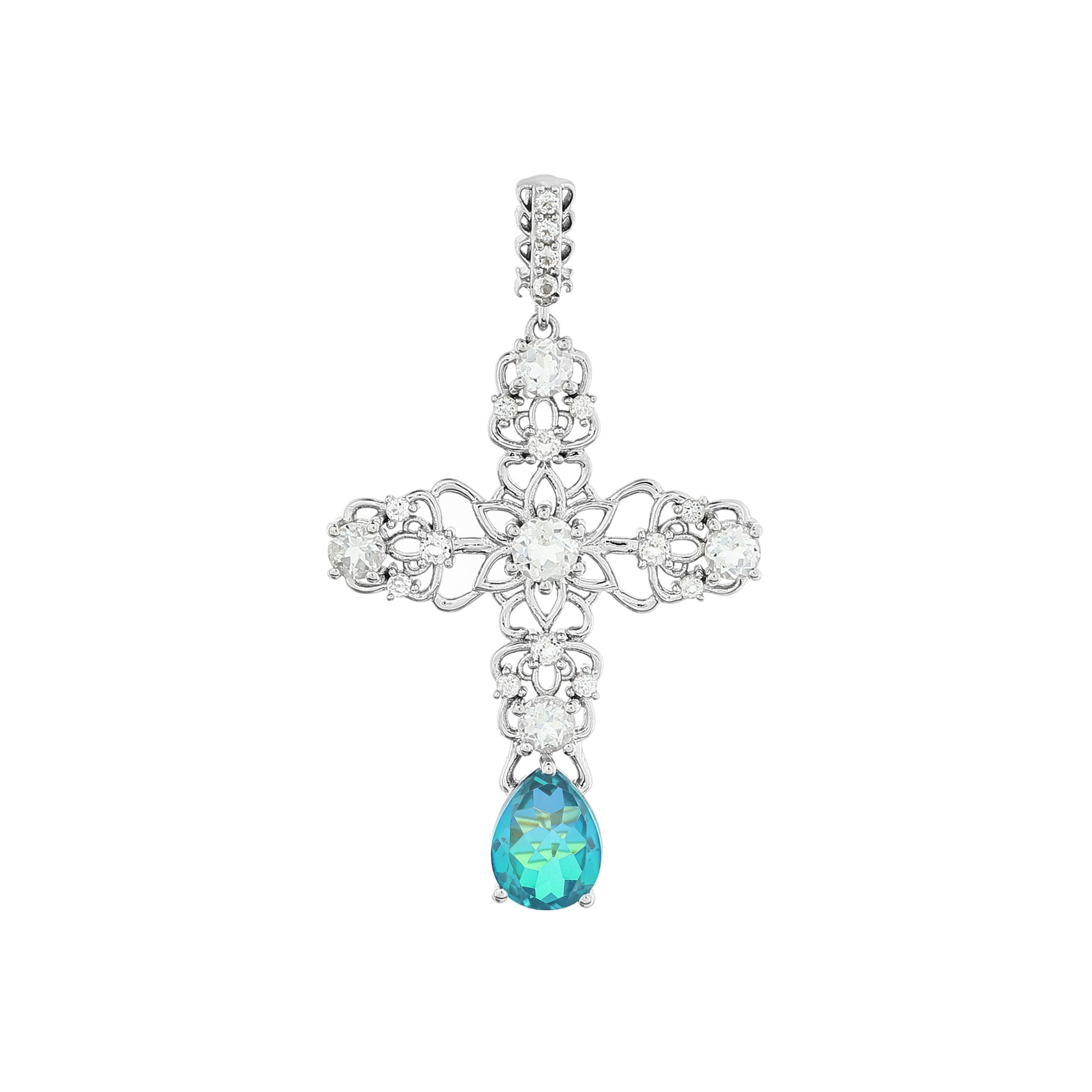 Cruz Pendente de Prata com Quartzo Pavão e Topázio Branco  Contraste: Cabeca de Veado (800) 4 