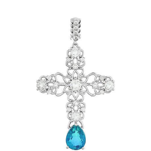 Cruz Pendente de Prata com Quartzo Pavão e Topázio Branco  Contraste: Cabeca de Veado (800)