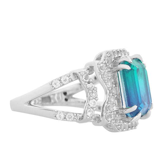 Anel de Prata com Quartzo Pavão e Topázio Branco  Contraste: Cabeca de Veado (800)