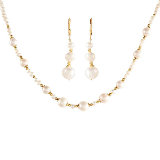 Conjunto de Prata com Banho de Ouro com Pérola Cultivada de Baroque ( Colar+Brincos )  Contraste: Cabeca de Veado (800)