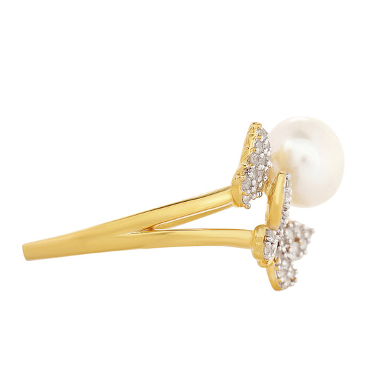 Anel de Prata com Banho de Ouro com Pérola Cultivada de Baroque e Topázio Branco