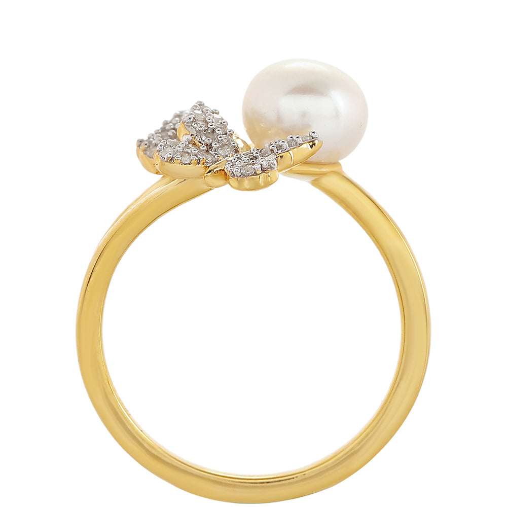 Anel de Prata com Banho de Ouro com Pérola Cultivada de Baroque e Topázio Branco 3 