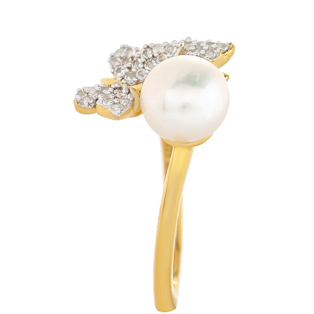 Anel de Prata com Banho de Ouro com Pérola Cultivada de Baroque e Topázio Branco