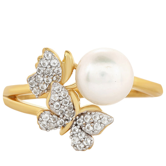 Anel de Prata com Banho de Ouro com Pérola Cultivada de Baroque e Topázio Branco