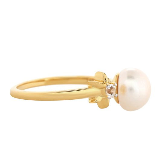 Anel de Prata com Banho de Ouro com Pérola Cultivada de Baroque e Topázio Branco