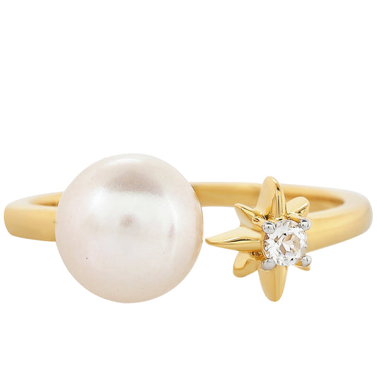 Anel de Prata com Banho de Ouro com Pérola Cultivada de Baroque e Topázio Branco