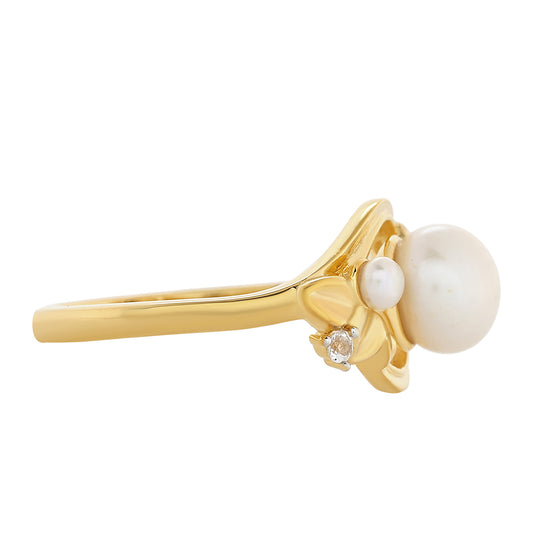 Anel de Prata com Banho de Ouro com Pérola Cultivada de Baroque e Topázio Branco