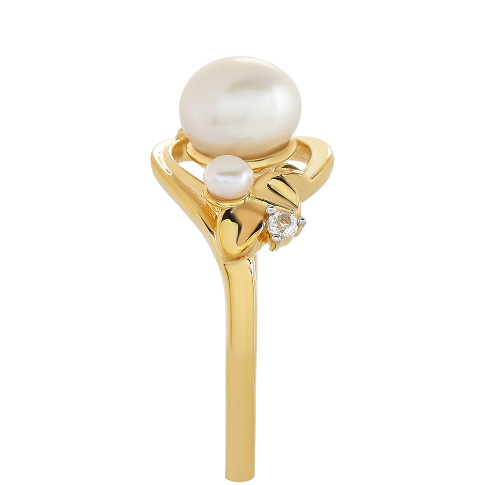 Anel de Prata com Banho de Ouro com Pérola Cultivada de Baroque e Topázio Branco