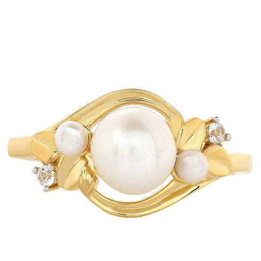 Anel de Prata com Banho de Ouro com Pérola Cultivada de Baroque e Topázio Branco