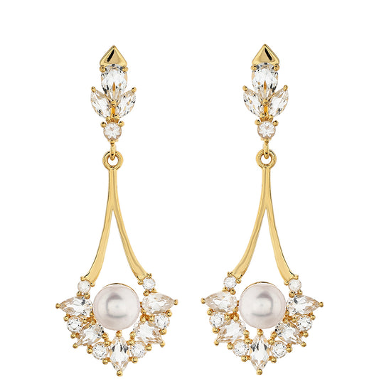 Brincos de Prata com Banho de Ouro com Pérola Cultivada de Baroque e Topázio Branco