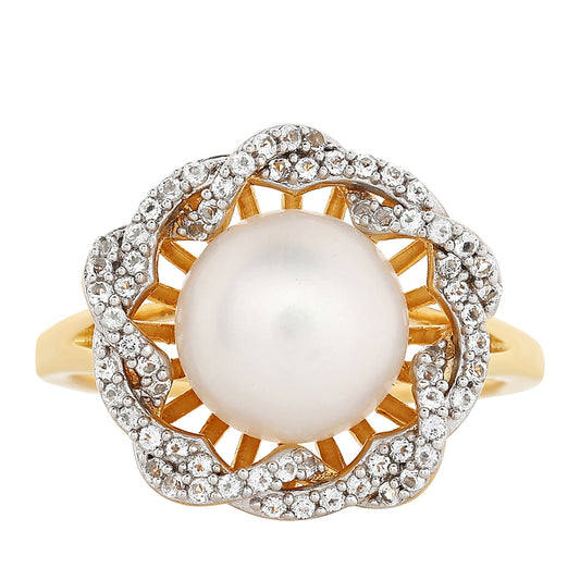 Anel de Prata com Banho de Ouro com Pérola Cultivada de Baroque e Topázio Branco  Contraste: Cabeca de Veado (800)