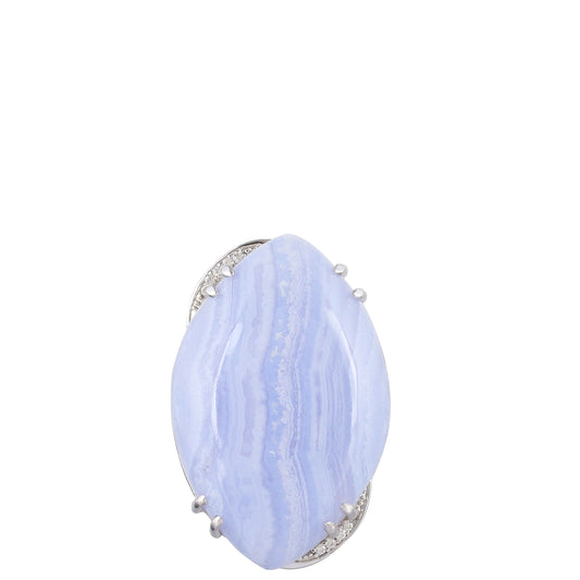 Anel de Prata com Ágata Rendada Azul e Zircão Natural  Contraste: Cabeca de Veado (800)